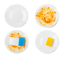 Washing dirty plate with sponge isolated on white background. Concept of washing dishes. Clean plate.Cleaning sponge to clean up and washing food stains and dirt on dish after eating meal.