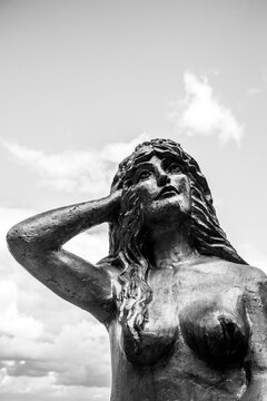 Mermaid monument in Lepel, Belarus. Russel statue. Russalka, mavka. Slavic mythologic. Black and white photo