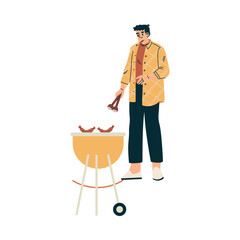 Man Character Standing Grill Sausage Relaxing in Nature in the Park Have Barbecue Vector Illustration