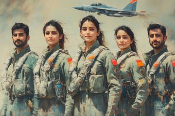 Fototapeta premium happy Indian Air Force male and female pilots standing in a row, standing tall in a firm stance showing confidence and strength