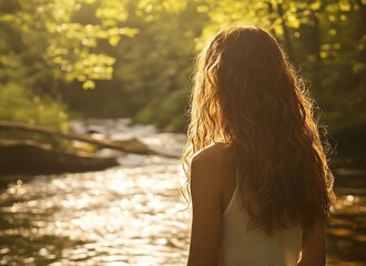 A woman with long hair standing in front of a river