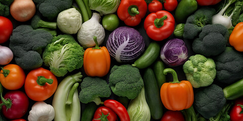 Vielf&auml;ltige Auswahl an frischem Gem&uuml;se mit Brokkoli, Paprika, Tomaten, Zwiebeln, Gurken und Kohl in kr&auml;ftigen Farben, die eine gesunde und nahrhafte Ern&auml;hrung symbolisieren