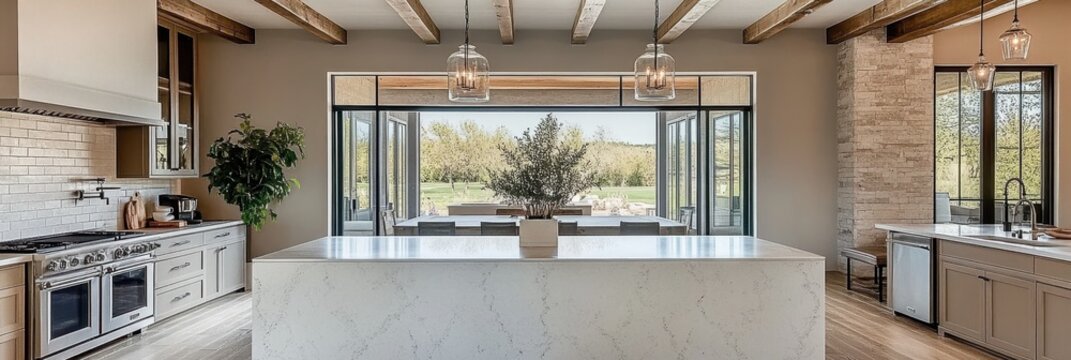 Luxurious open-concept kitchen and dining area, panoramic ocean view, floor-to-ceiling windows, modern pendant lights, marble island with bar stools, hardwood floors, minimalist design, high-end appli