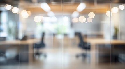 Fototapeta premium modern office interior, glass partitions, blurred background, bokeh lights, corporate workspace, contemporary design, minimalist aesthetic, reflective surfaces, open plan layout, muted colors, profess
