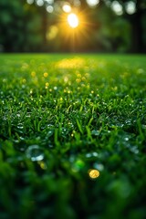 Naklejka premium Sunset over the football (soccer) field with low cut green grass, soft focus, dreamy atmosphere, natural light, detailed texture, romantic style, closeup shot