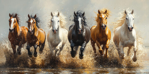 horses running together towards you