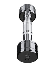 Round Chrome Dumbbell with number 3, weightlifting gym equipment top view. Png clipart isolated on transparent background