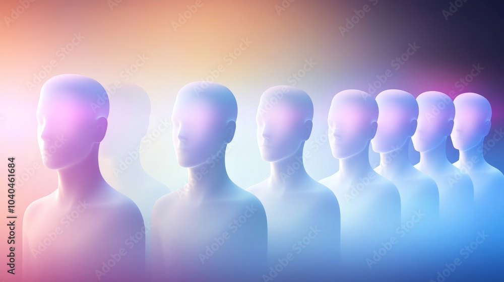 Poster a surreal representation of faceless figures in a gradient light, highlighting themes of identity an