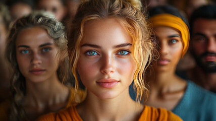 Fototapeta premium a large group of people, mostly caucasion, equal number of men and women, ages 20 to 65, looking into the camera,