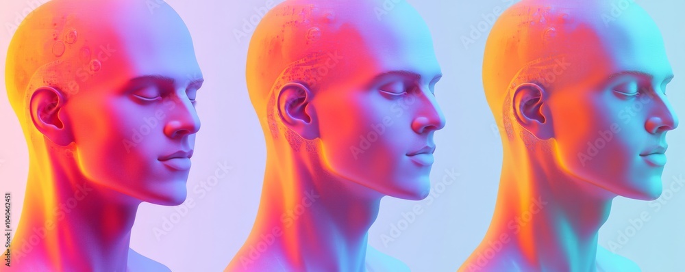 Poster a vibrant and artistic representation of three stylized heads showcasing gradient colors and smooth 