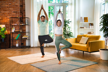 ndian couple joyfully practicing the tree pose or Vrksasana at home, embodying strength and balance