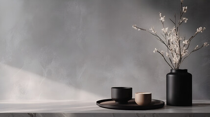 Close-Up of a Stylish Coffee Table in a Modern Living Room – Black Metal Frame, Elegant Marble Top, Soy Candle, Minimalist Vase with Eucalyptus Branch, Moody Lighting