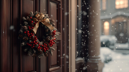 Close-up of Festive Holiday Wreath with Red Berries and Golden Ribbons on Carved Wooden Door