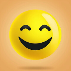 Fototapeta premium Yellow smiley face emoji with joyful expression on peach background