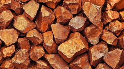 Macro photography, polished copper nuggets, metallic texture, raw metal ore, shiny copper pieces, warm orange tones, mineral close-up, geological specimen, industrial materials, rough and smooth surfa