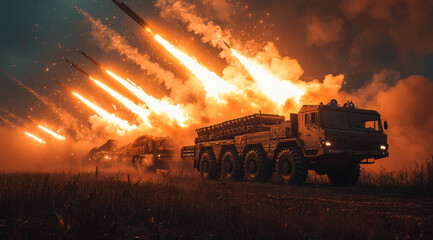 A row of military anti-aircraft vehicles, with multiple missile launchers on the truck deck firing missiles into the sky
