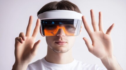 A young man wearing futuristic smart glasses, engaging with virtual technology in a modern setting.