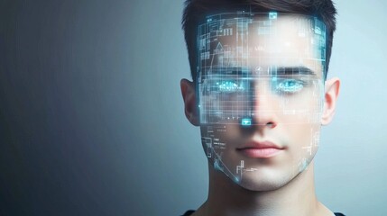 A young man with a futuristic digital overlay on his face, representing the intersection of technology and human potential.