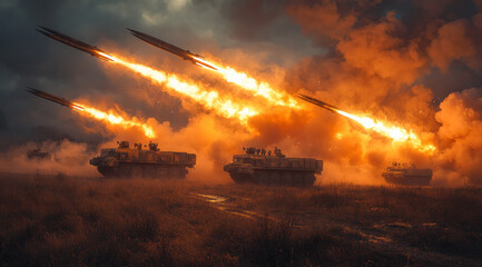 Fototapeta premium A row of military anti-aircraft vehicles, with multiple missile launchers on the truck deck firing missiles into the sky