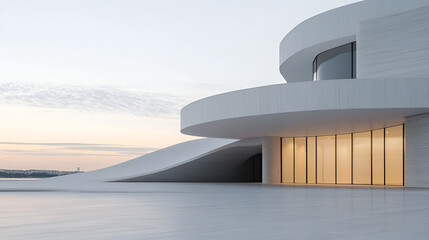 Dynamic view of modern buildings, minimalism and elegant architecture, sunny day, bright and clear sky, photorealism, wide-angle shot.