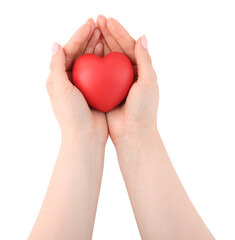 Woman with red decorative heart on white background, top view