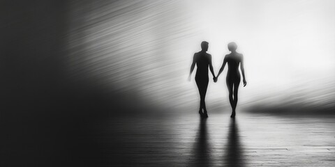 Obraz premium A couple walks hand in hand in a soft, dreamy light. The shadows create a romantic atmosphere. This image captures love and connection beautifully.
