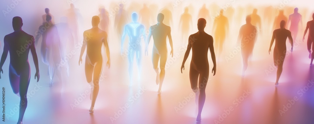 Poster abstract representation of diverse figures walking through a colorful, foggy environment, symbolizin