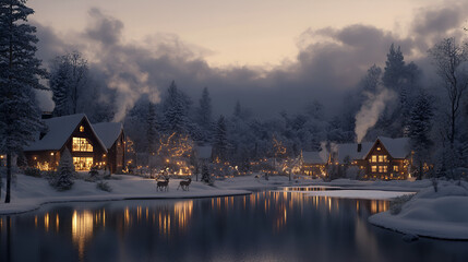 Fototapeta premium Enchanting Snow-Covered Christmas Village at Dusk with Warmly Lit Homes, Reindeer by Frosted Pond, and Twinkling Fairy Lights 