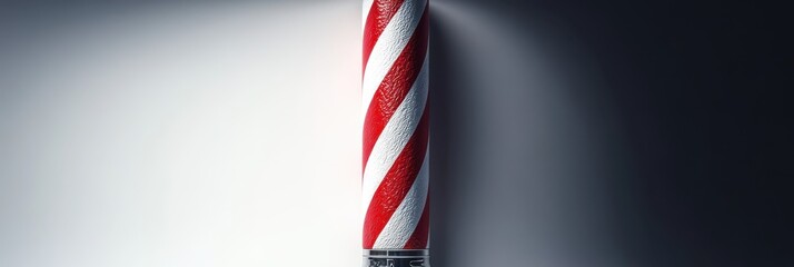 Barber pole, close-up, red and white stripes, cylindrical, classic barbershop symbol, blurred background, bokeh effect, metallic surface, shiny, professional photography, shallow depth of field, vinta