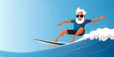 active retiree surfing in style with sunglasses, embracing adventure and carefree living