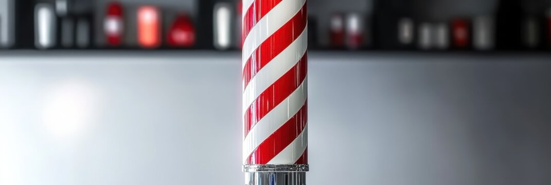 Barber pole, close-up, red and white stripes, cylindrical, classic barbershop symbol, blurred background, bokeh effect, metallic surface, shiny, professional photography, shallow depth of field, vinta