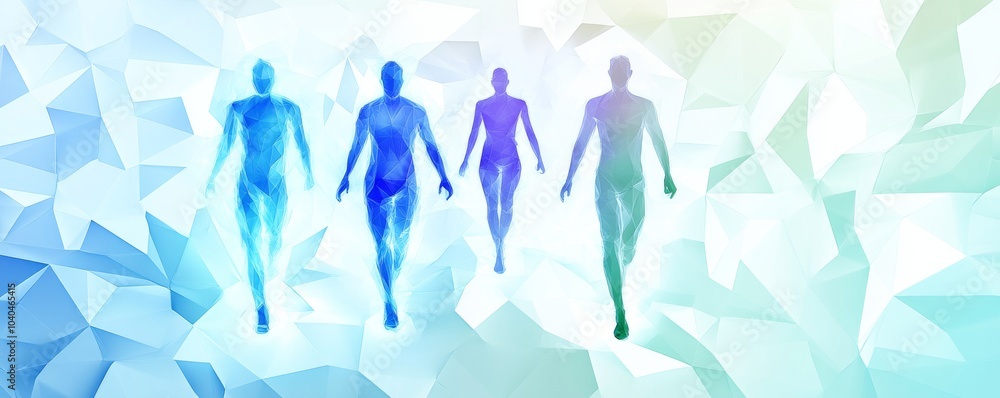 Poster abstract representation of human figures moving forward in a colorful, ethereal environment, symboli