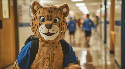 Friendly School Mascot in Leopard Costume Walking Down School Hallway
