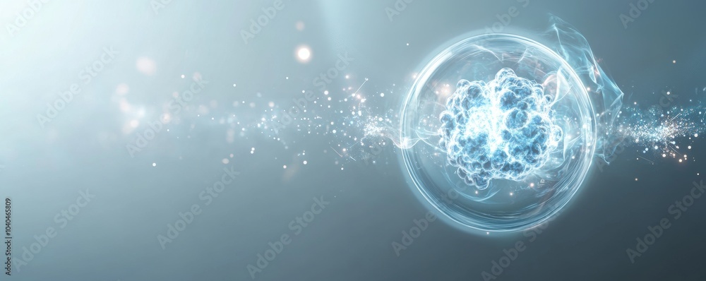 Poster an abstract representation of energy and motion, showcasing a glowing sphere surrounded by particles