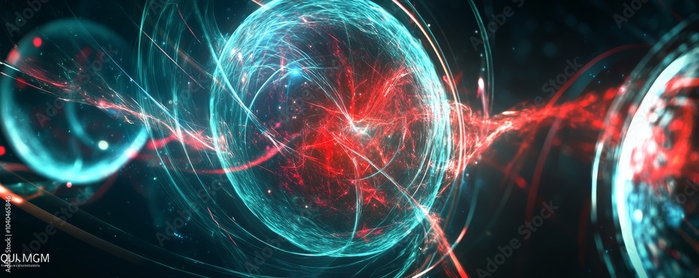 Poster an abstract representation of energy and particles, featuring vibrant colors and dynamic light effec