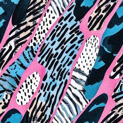 Fun girly camouflage pattern in vibrant stripes and spotted seamless design . Modern skin texture patched effect for festival and beach wear style in repeat .
