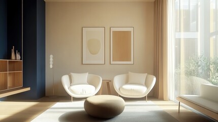 Modern minimalist interior, white egg chairs, round coffee table, warm lighting, large windows, beige walls, abstract wall art, wooden floors, cozy living room, sleek design, natural light, contempora