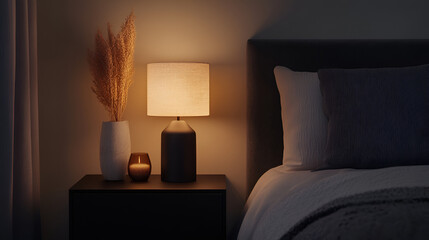 Moody Shot of Minimalist Bedroom Corner with Black Bedside Table and Warm Lamp Glow 