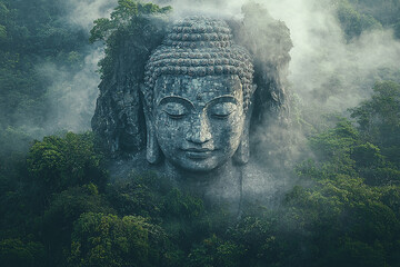 A massive Buddha statue carved into the mount