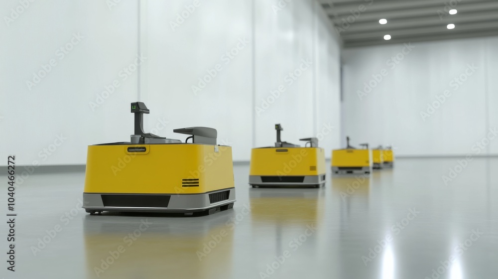Poster automated yellow transport robots moving in a modern warehouse environment, showcasing advanced tech