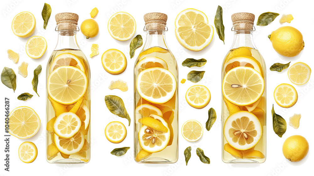 Poster lemon teas with slices and leaves on a clear background generative ai