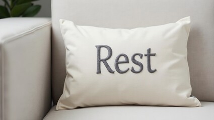 Minimalist gray Rest throw pillow on neutral sofa