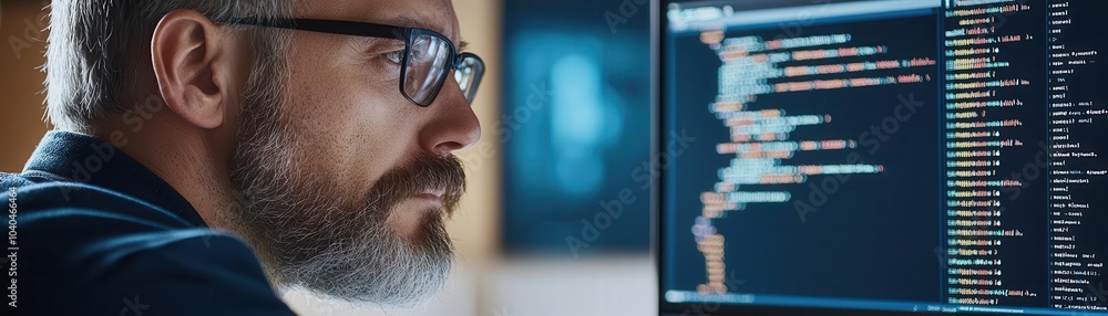 Poster a focused professional analyzes code on a computer screen, showcasing a blend of technology and expe