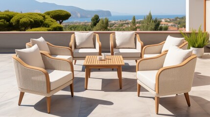 Fototapeta premium Serene minimalist veranda featuring neutral toned furniture for a relaxing atmosphere
