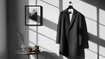 Stylish Dark Winter Coat Hanging on a Simple Metal Rack – Soft Window Light and Moody Minimalist Interior Decor