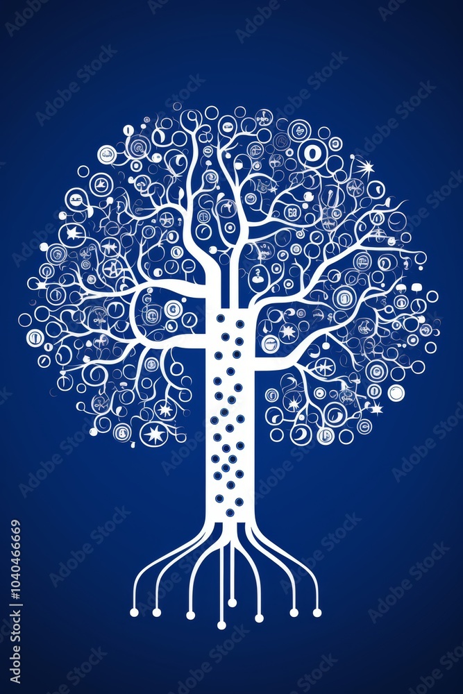 Poster schematic representation of a minimal tree using simple shapes in navy and silver colors