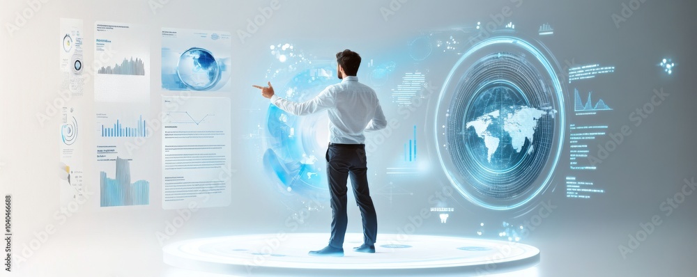 Aufkleber businessman interacting with futuristic digital interface showcasing global data and analytics in a 