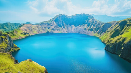 Fototapeta premium A stunning deep blue lake nestled in the crater of an extinct volcano surrounded by rocky slopes and mountains