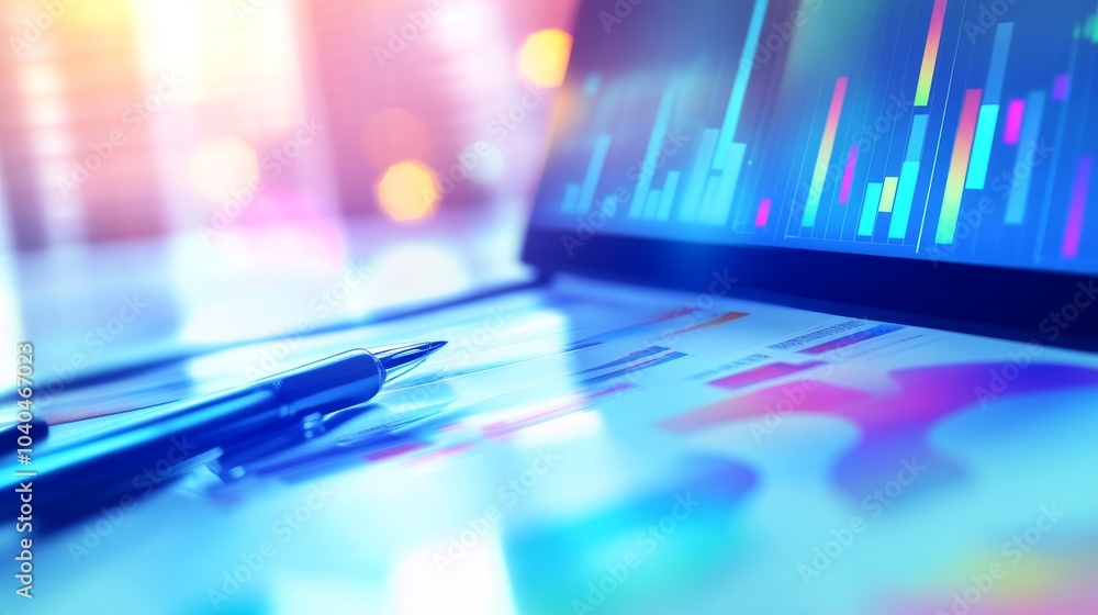 Poster close-up of a laptop screen displaying colorful data charts, alongside a pen, symbolizing analysis a