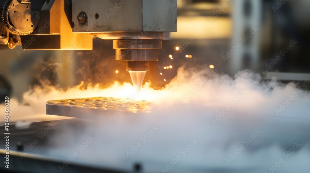 Poster close-up of a laser cutting machine creating sparks and smoke in a factory setting, representing adv